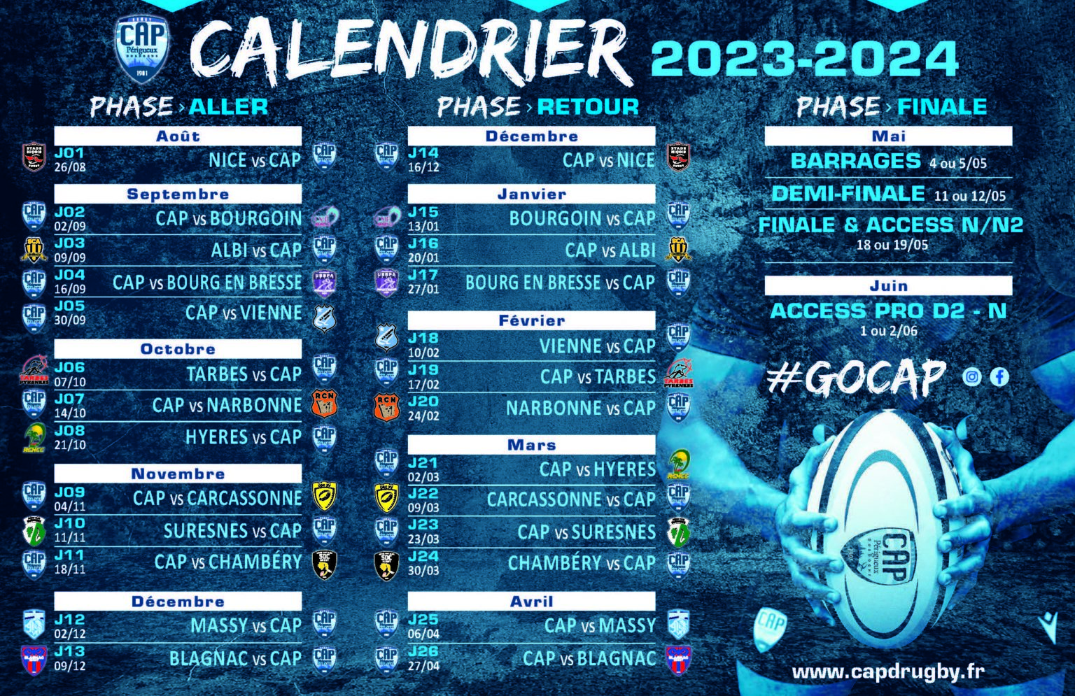 Calendrier Nationale 2023/2024 • actualité • CAPD Rugby